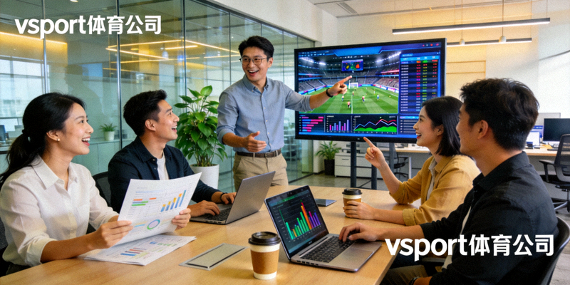vsport体育公司团队在现代化办公室讨论体育赛事策划的生动场景